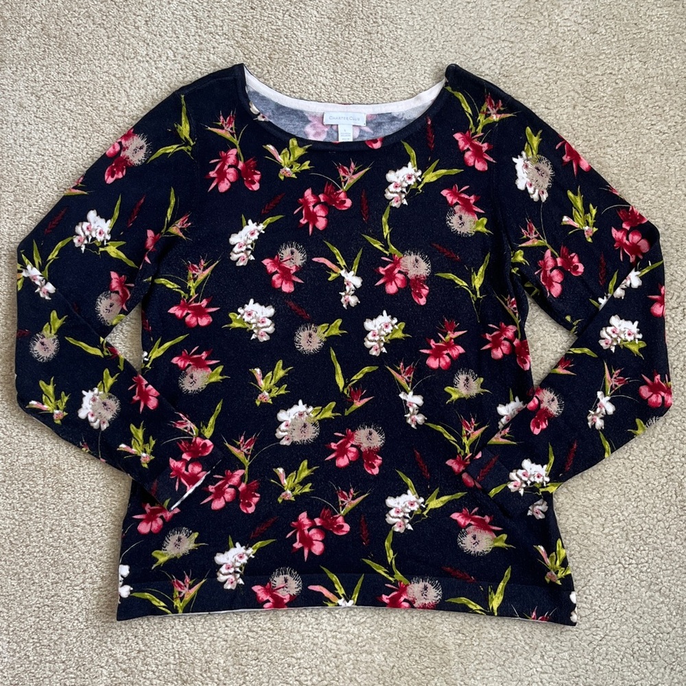 Charter Club Navy Blue Pink Floral Print Long Sleeve Top in Women's Large
